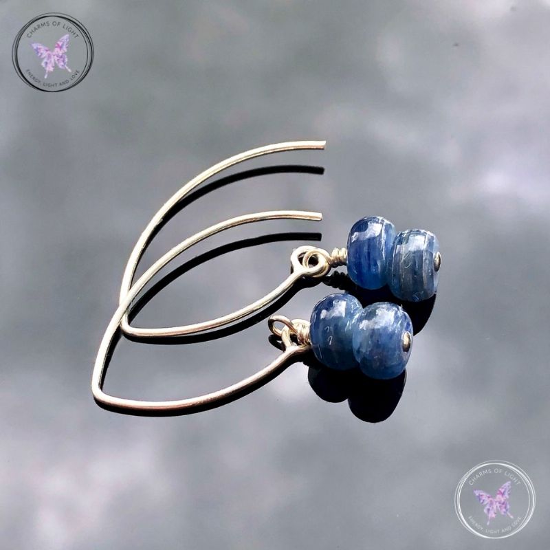 Blue Kyanite Rondelle Silver Angled Earrings